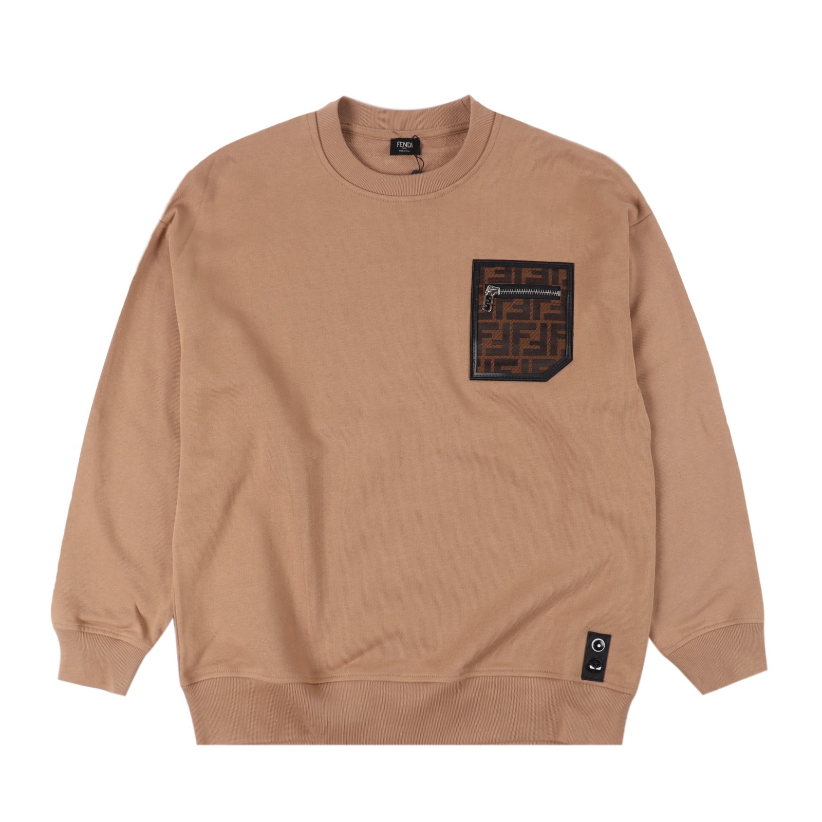 Fendi 24Fw FF leather trimmed zipper pocket round neck sweatshirt