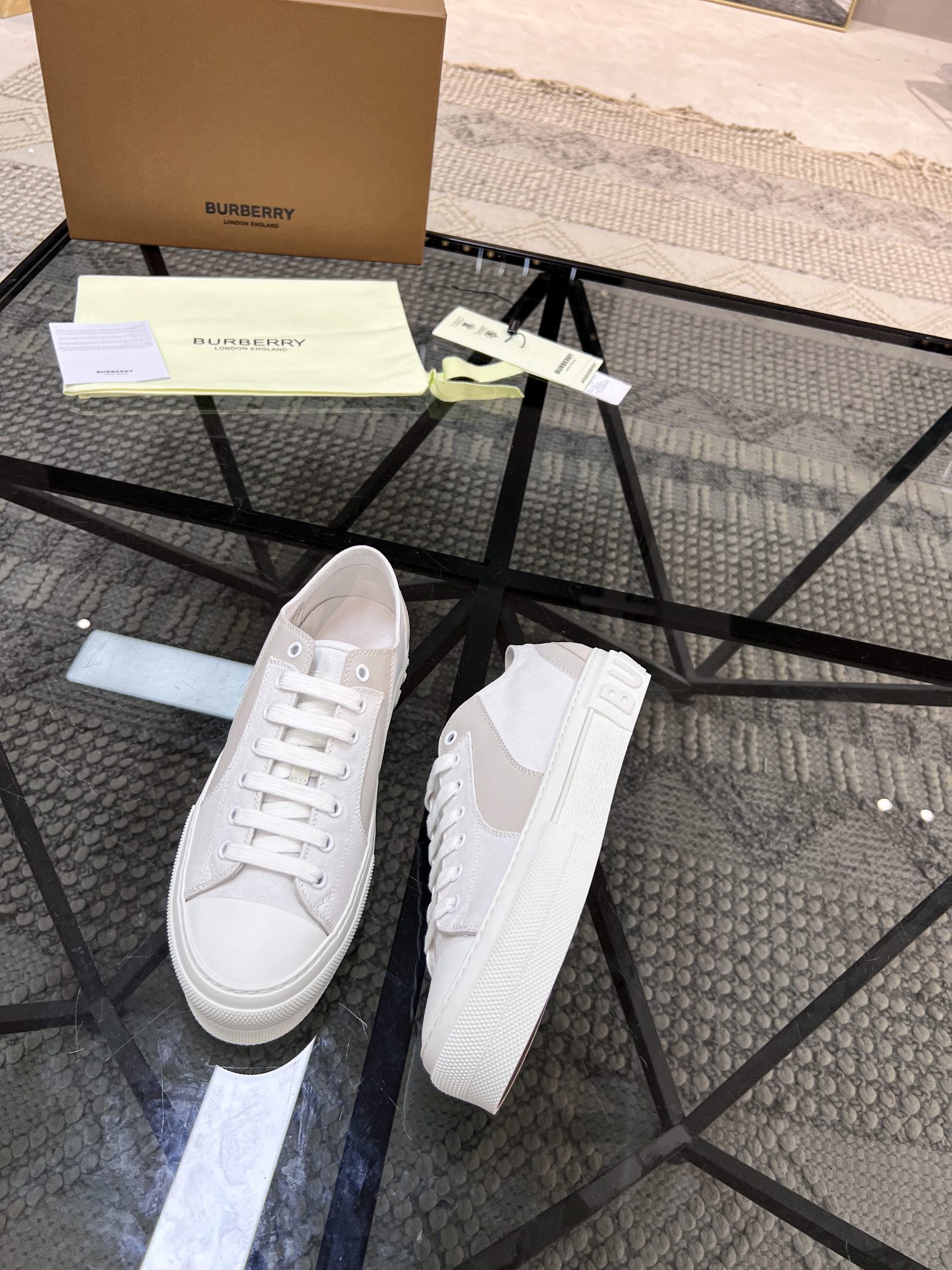 BURBERRY white platform low-top canvas shoes