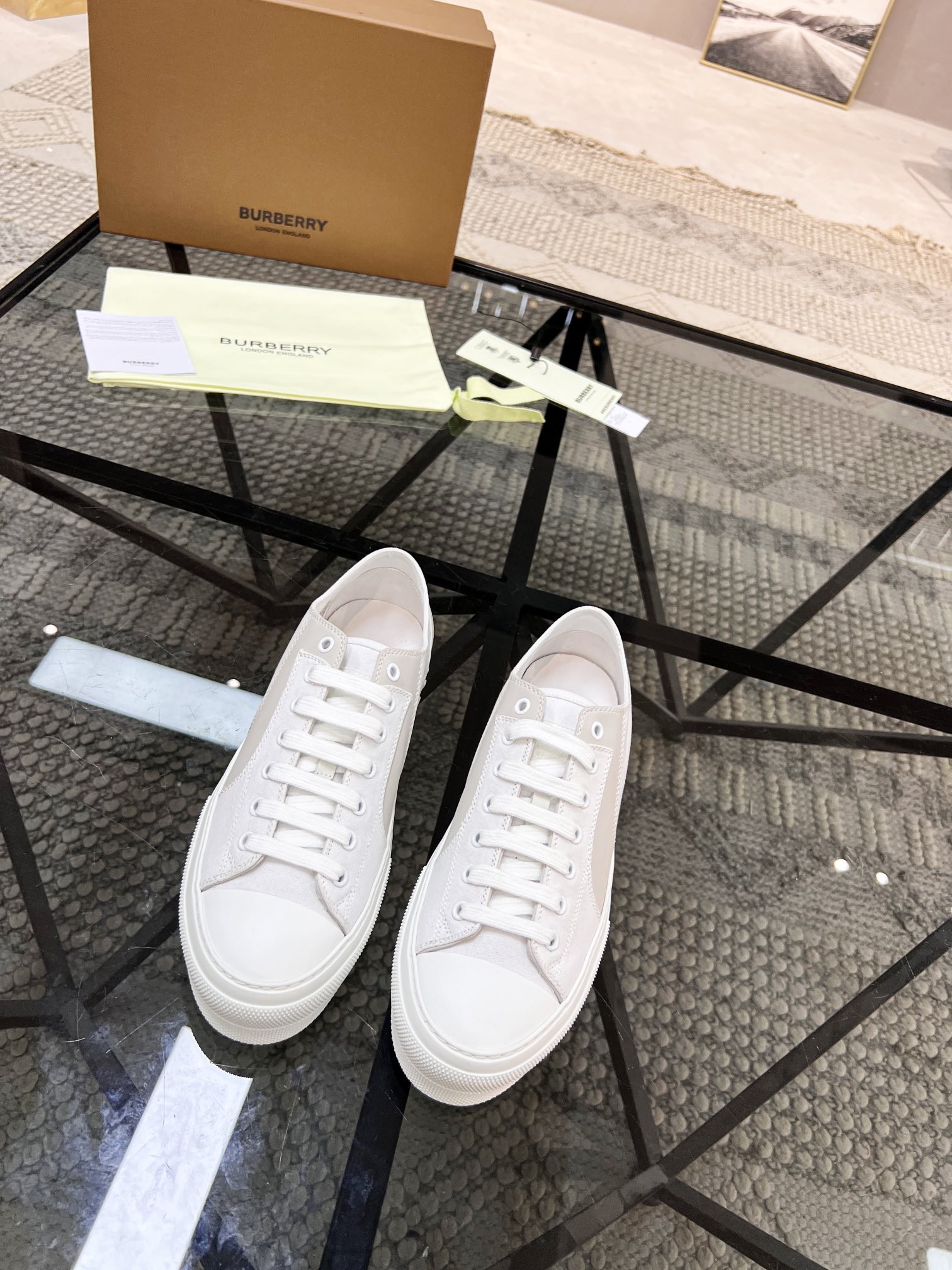 BURBERRY white platform low-top canvas shoes