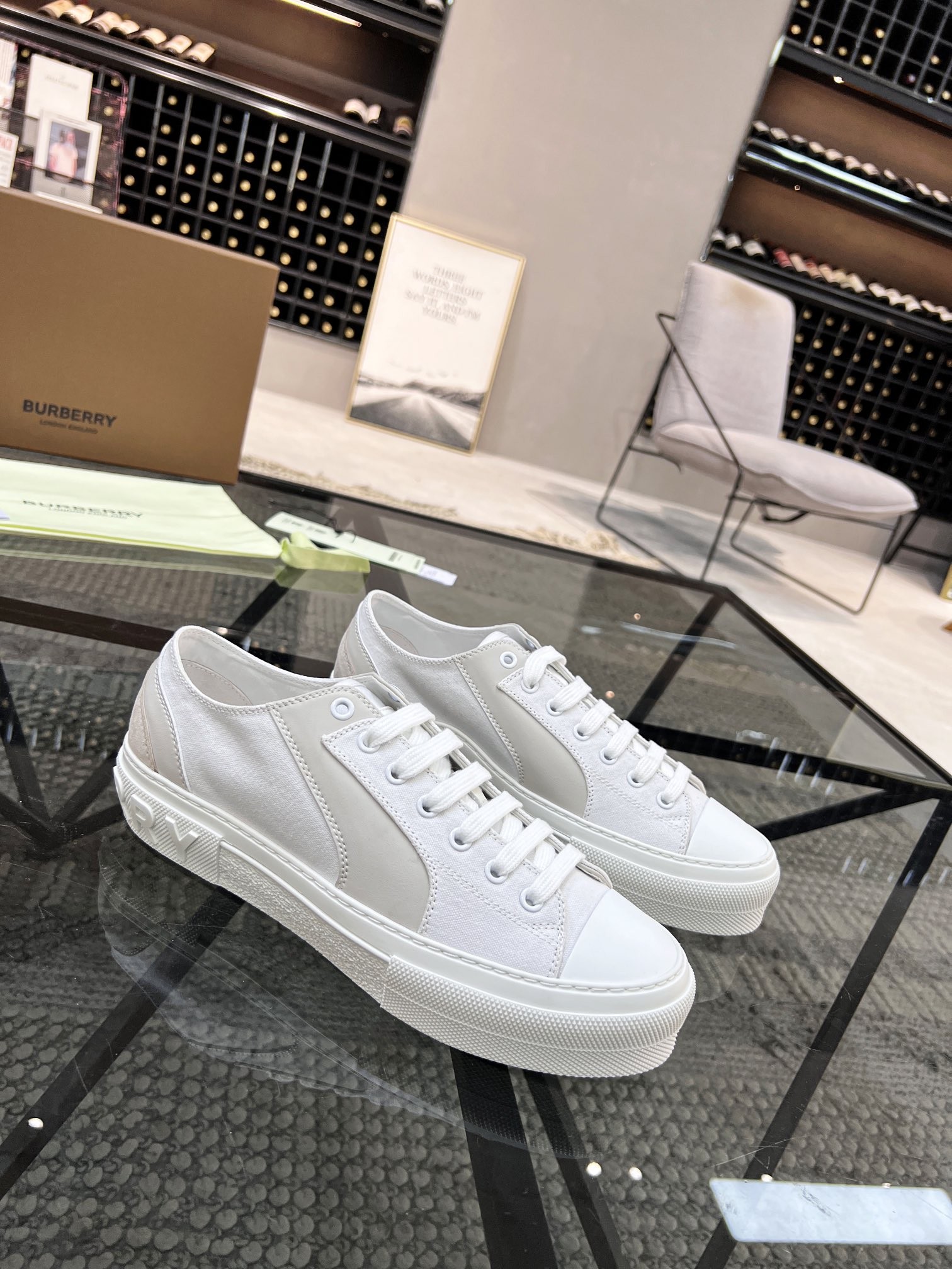 BURBERRY white platform low-top canvas shoes