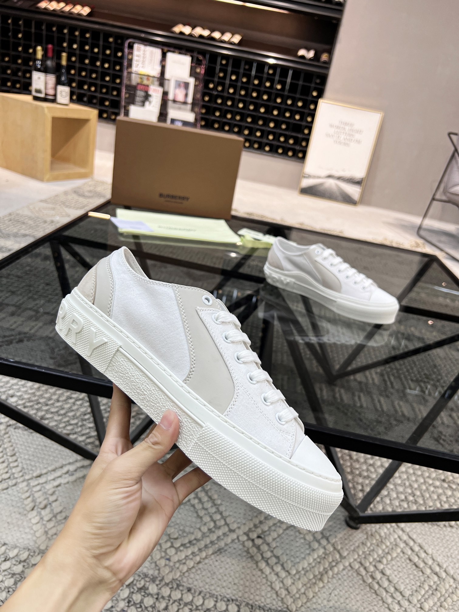 BURBERRY white platform low-top canvas shoes