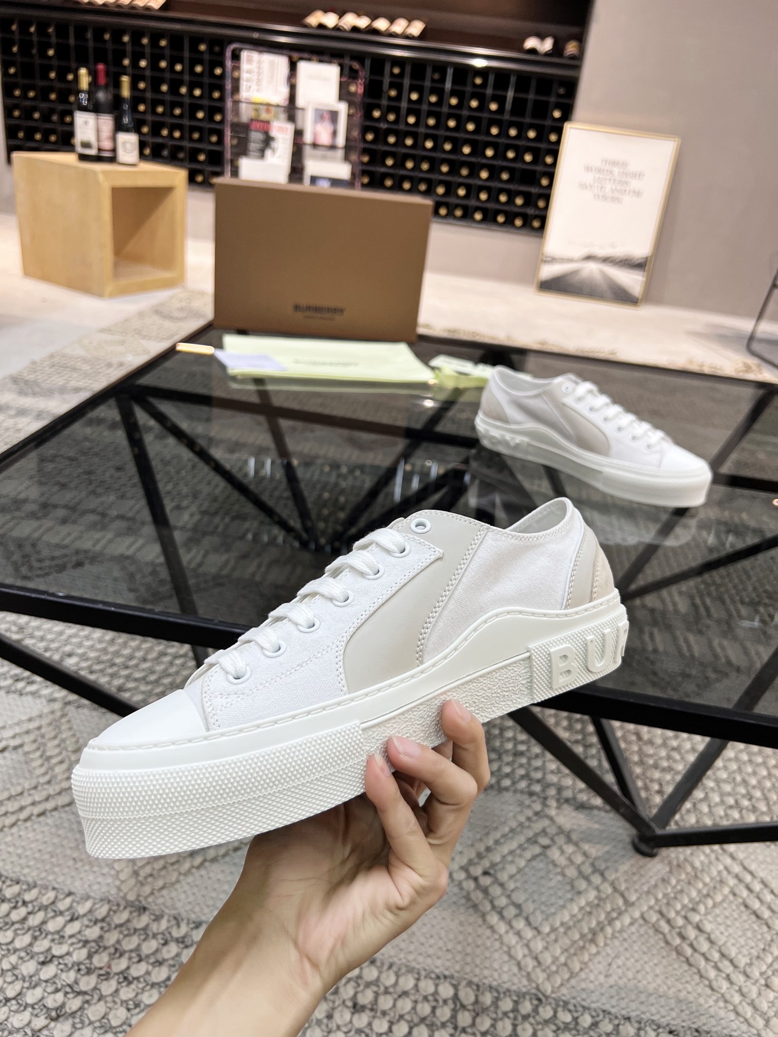 BURBERRY white platform low-top canvas shoes