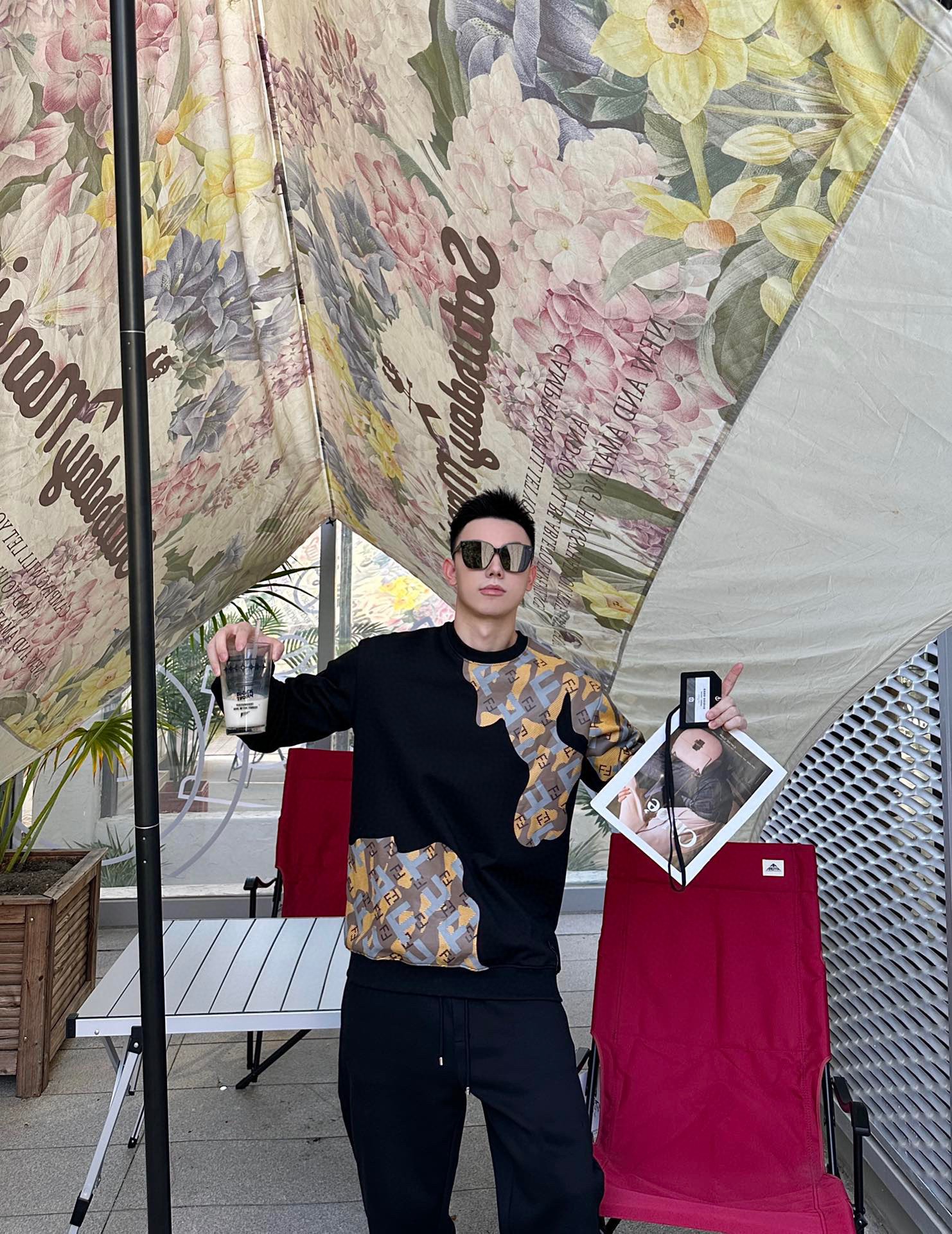 Fendi patchwork printed round neck hoodie