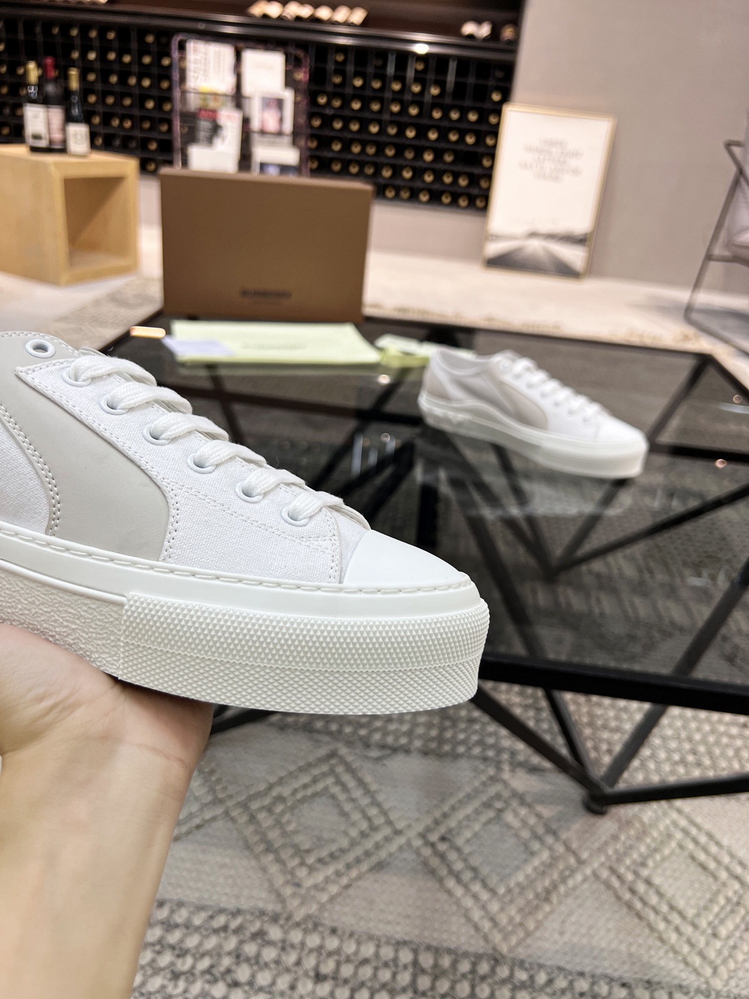 BURBERRY white platform low-top canvas shoes