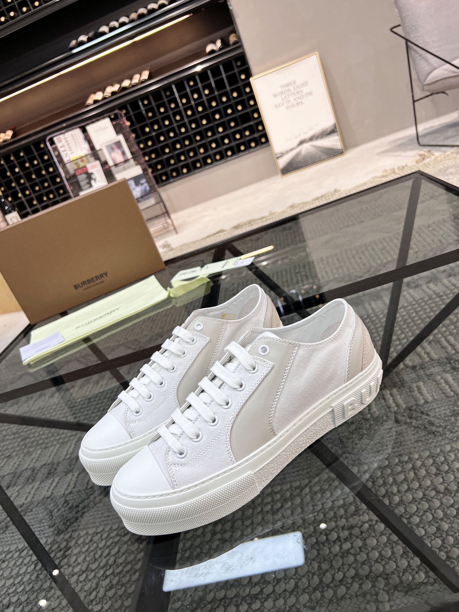 BURBERRY white platform low-top canvas shoes